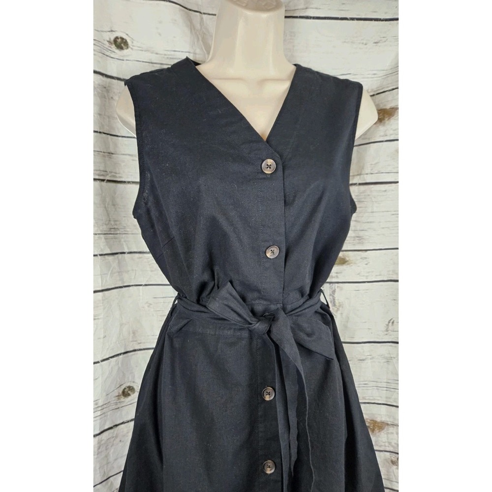Barbour Elsie Black Linen Blend Shirt Dress US 8 Sleeveless Tie Belt Midi - Picture 2 of 8